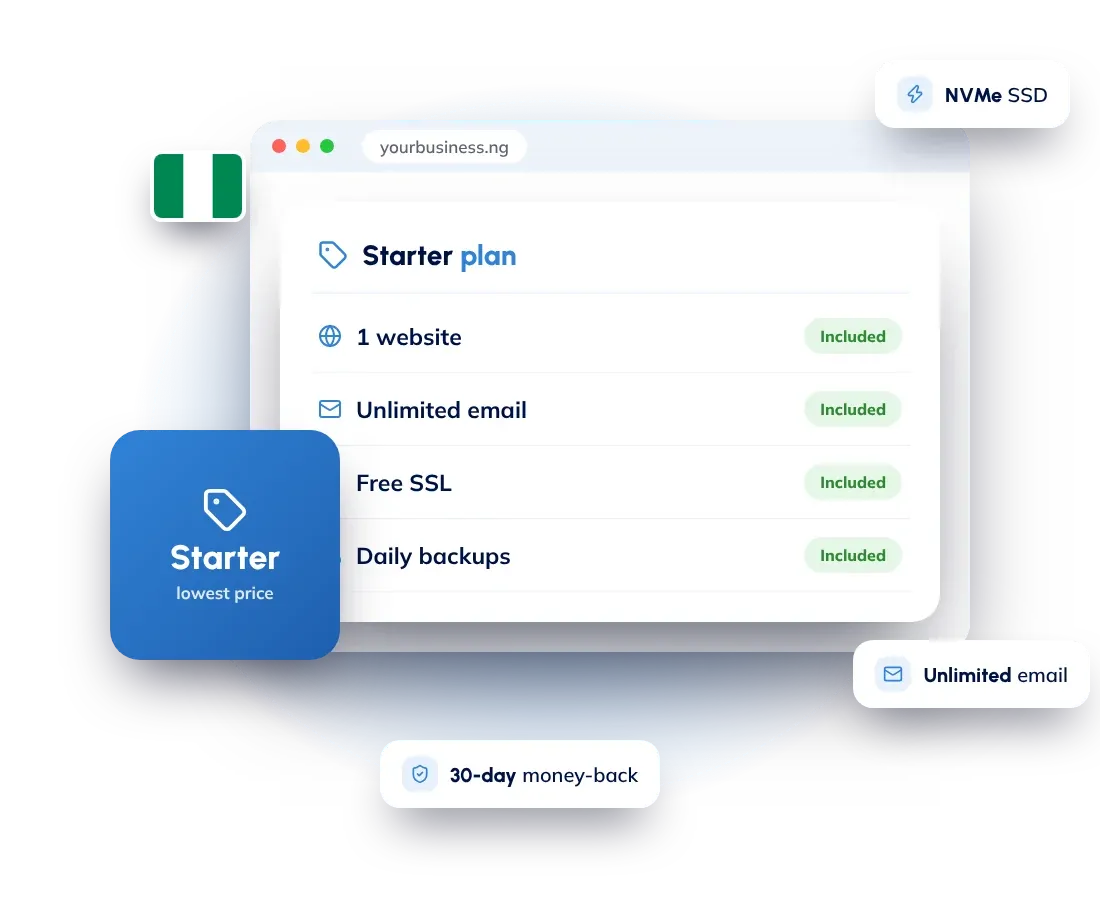 Cheap web hosting in Nigeria: the Hostnali Starter plan with free SSL, unlimited email and daily backups