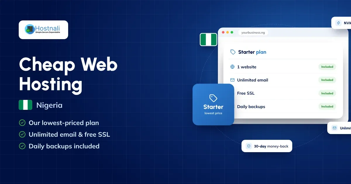 Cheap web hosting in Nigeria: the Hostnali Starter plan with free SSL, unlimited email and daily backups