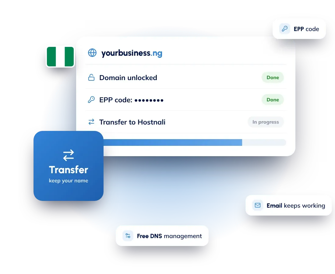 Domain transfer in Nigeria: move your domain to Hostnali with its EPP code, with your website and email kept online