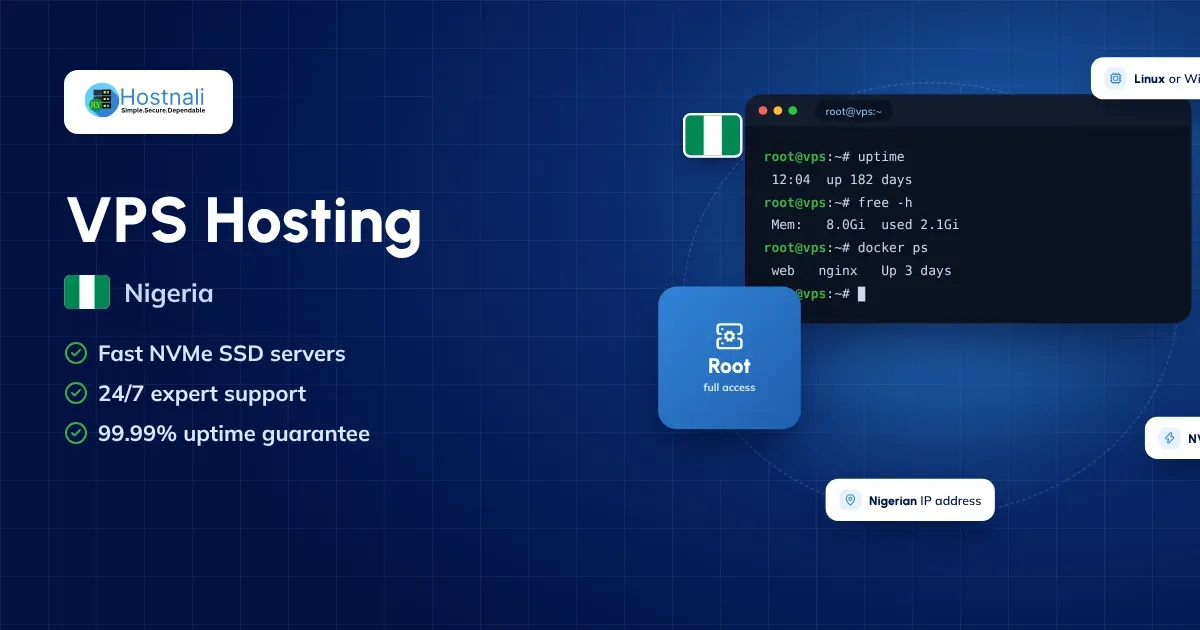 VPS hosting in Nigeria with Hostnali: Linux or Windows virtual servers on NVMe SSD with full root access