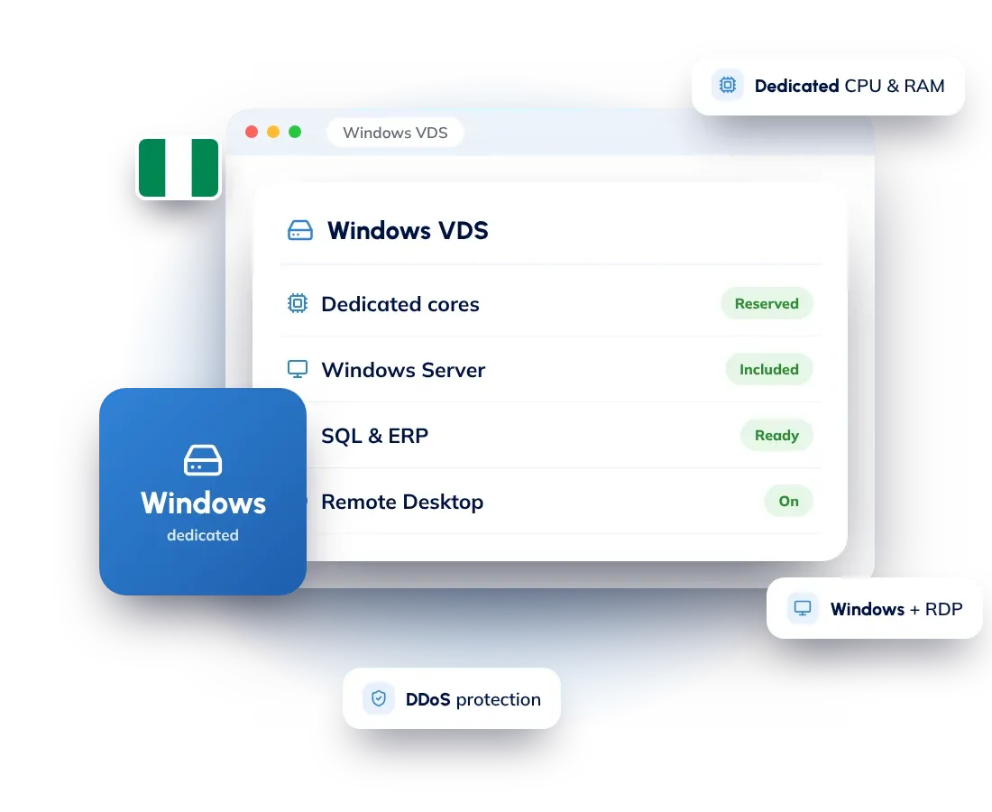 Windows dedicated servers in Nigeria: dedicated CPU cores and RAM with Windows Server included